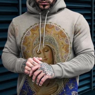 China Autumn Winter Windproof Warm Men's Classic Design Anti-wrinkle Men's Gray Hoodie Mythological Figures Printed Drawstring Hoodie for sale