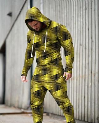 China Breathable Irregular Print Men's Yellow Black Gradient Hoodie Set Custom Picture Autumn Casual Sports Loose Pullover Hoodies Suits for sale