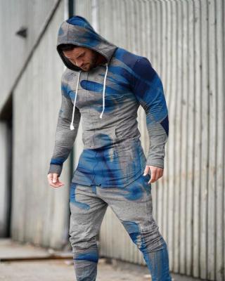 China Wholesale Breathable Blue Gray Gradient Hoodies Cum Long Pants Set Male Leisure Sports Slim Fit Hoodies 2 Piece Sweatsuit for sale