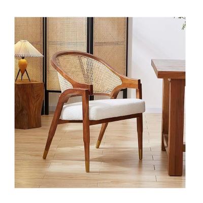 China Luxury Cheap Solid Wood Frame Woven Rattan Back Upholstered Arm Fabric Dining Chair for sale