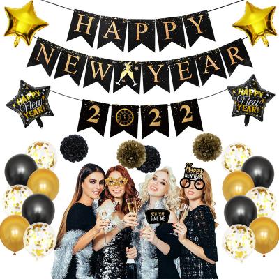 China Wholesale Black 2022 Morden Newcomer Gold Happy New Year Party Flag Banner For 2022 Home Happy New Year's Eve Party Decoration for sale