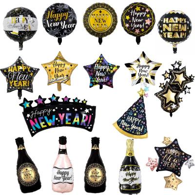 China Promotional Toy 18inch Happy New Year Wine Bottle Champagne Shooting Star Round Shape Foil Balloon Globos For New Year Party Supplies Decoration for sale