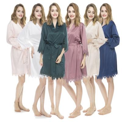 China Women QUICK DRY Matte Satin Robe With Bridal Wholesale Cheap Same Color Lace Trim Dull Satin Knee Length Long Robes for sale