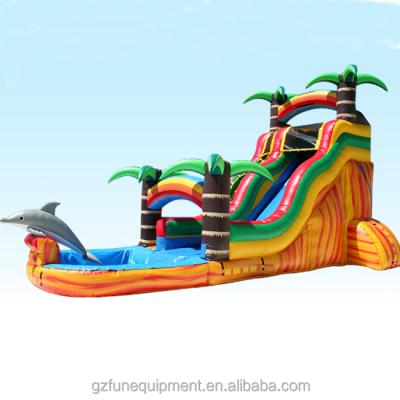 China 0.55mm Plato PVC tarpaulin 2020 new design tropical palm large pvc inflatable water slides with swimming pool for sale for sale