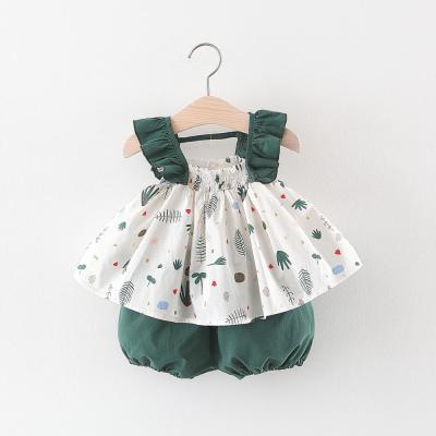 China Wholesale Breathable Babies Sleeveless Clothes Set Korean Leaves Printed Short Pants Babies Set Clothes for sale