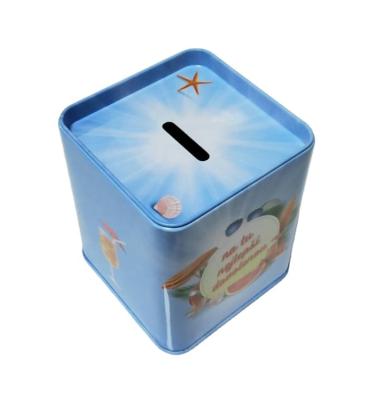 China Recyclable New Hot Items Square Metal Tin Box Special Offset Printing Coin Bank for Kids Toy Stationery for sale