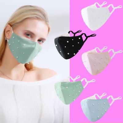 China 2021 Fashion Popular Women Cotton Fabric Facemask 3d Black Luxury Pearl Face Maskes for sale