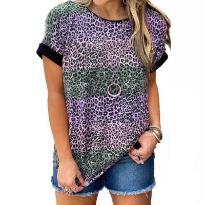 China 2021 Summer Women's Top Striped T-shirt Leopard Color Printing T-shirt Fashion Wholesale Breathable Short Sleeve for sale