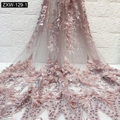 China Factory Price Viable Noble Lace Bridal Gowns Dress Fabric 3D Flower Beaded Lace Fabric With Stones for sale