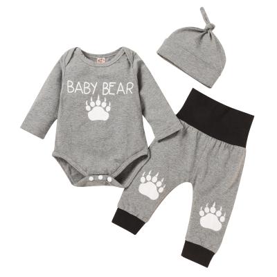 China Cute new baby children's clothing cotton autumn new boy's alphabet bear paw printing three-piece set for sale