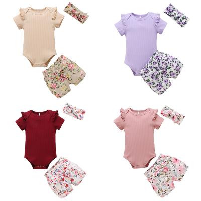 China Polyester/Cotton Baby Romper Sets 4 Color Plaid Ribbed Floral Print Custom Girl 3 Pieces Clothing Set for sale