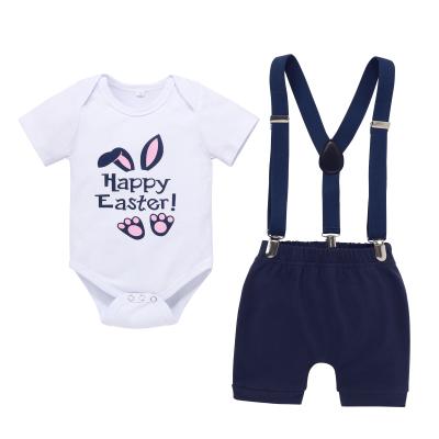 China Wholesale Anti-Shrink Newborn Infant Clothes Short Sleeve Rabbit Print Romper and Tie Blue Panty Unisex Baby Romper Sets for sale