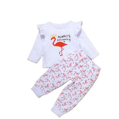 China 2020 anti-shrink new wholesale infant girl clothes white ruffled long sleeve romper tops and animal letter printed pants sets for sale