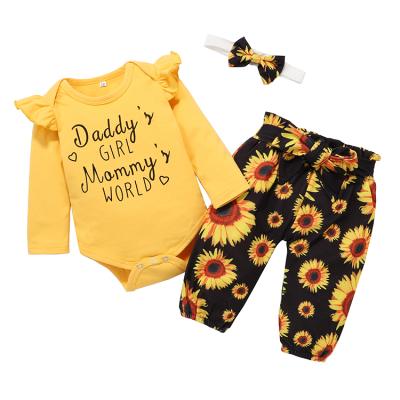 China Hot Wholesale Autumn Creative Baby Girl Clothes Color System Letter Print Tops Anti-Shrink With Headband Baby Romper Teams Sets for sale