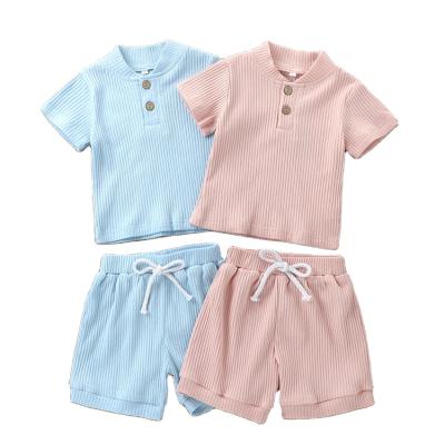 China 100% Cotton Babies Wears Clothes Short Sleeves T-Shirt Shorts Drawstring Pants Ribbed Cotton Baby Clothes Set for sale