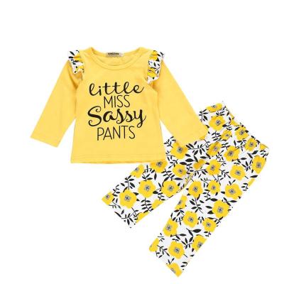 China Breathable Toddler Baby Clothes Cotton Set Yellow Floral T-shirt Ruffle Tops Spring Baby Long Pants 2pcs for sale