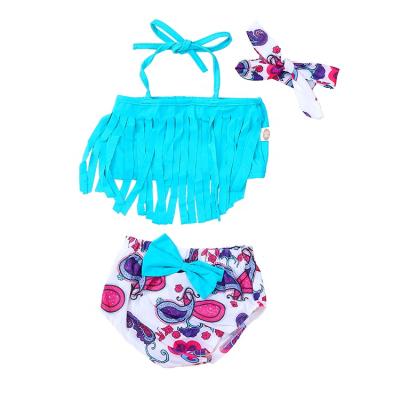 China Breathable Newborn Baby Swimwear 3pcs Swimsuit Blue Floral Beachwear With Headband for sale