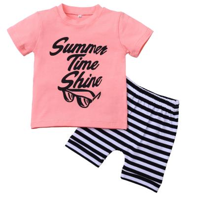 China New Style Summer Kid Girl Anti Shrink Clothing Sets Letter Print Shorts Sleeve Pink Tops And Stripes Pants Kid Girl Clothes for sale