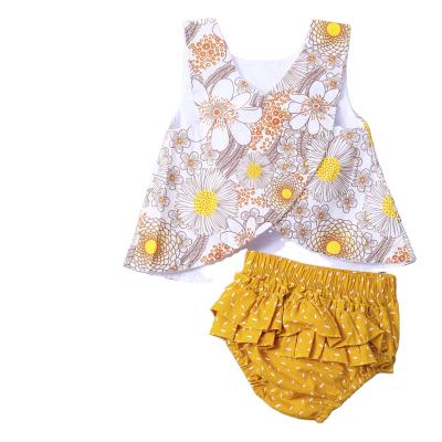 China Antibacterial Summer Newborn Infant Girl Clothes Yellow Floral Print Vest Sleeveless Tops and Pant Baby Outfit Sets for sale