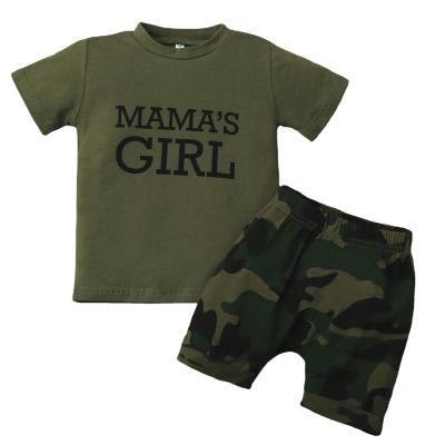 China Summer Baby Girl Antibacterial Clothing Sets Military Green Cropped Sleeve Letter Print Tops And Fashion Camouflage Pants Outfits Gift Set for sale