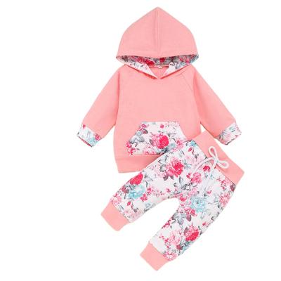 China Lovely Anti-Shrink Baby Clothes Long Sleeve Pink Hoodie Tops And Floral Printed Pants Outfits Set With Headband for sale