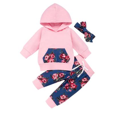 China Breathable Baby Clothes Long Sleeve Floral Printed Full Sleeve Hoodie Sweatsuit And Long Pants Outfit Gift Set for sale