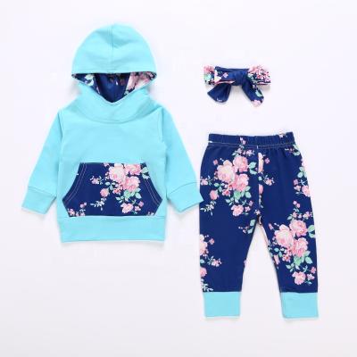 China Breathable Babies Long Sleeve Flowers Hoodie Tops And Pants Outfits Pocket Headband Baby Clothing Sets for sale