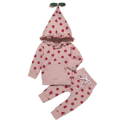 China Wholesale Anti-shrink Printing Pink Strawberry Autumn Infant Girl Clothes Cute Long Sleeve Hoodie With Pants Baby Clothes Sets for sale