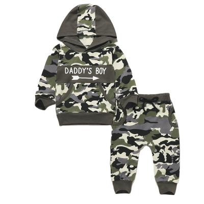 China Wholesale Anti-Shrink Toddler Baby Boy Clothing Letter Print Camouflage Full Sleeve Hoodie With Pants Baby Boy Clothes Sets for sale