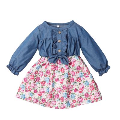 China Popular Wholesale Fashion Kid Girl Clothing Anti-Shrink Teams Long Sleeve Denim Floral Dress High Quality Kid Girl Clothes for sale