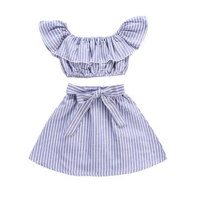 China 2PCS Breathable Baby Clothes Ruffle Print Sleeveless Top Summer Blue Stripe Skirt Baby Clothing Outfits for sale