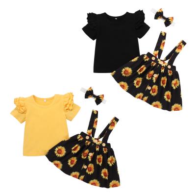 China 2021 new summer baby clothes anti-shrink outfits ruffled short sleeve tops and chrysanthemum print skirt baby clothes with headband for sale