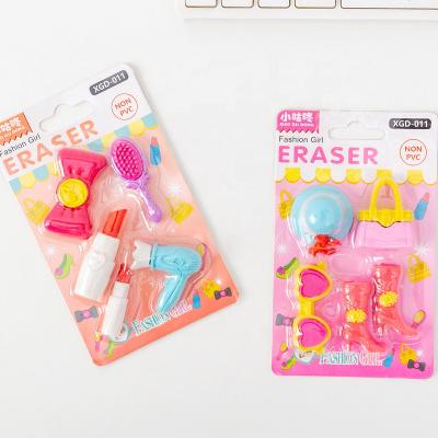 China Cute promotional eraser kawaii lady hair lipstick high heels school eraser set kids stationery supplies for sale