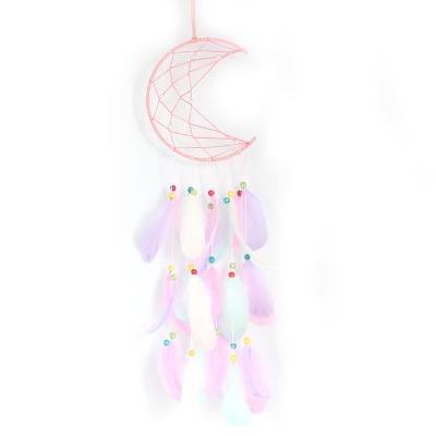 China India Pac-man Cartoons Moon 19CM Handmade Colorful Feather Pink Dreamcatcher For Kids Toys Wall Hanging Home Decoration for sale