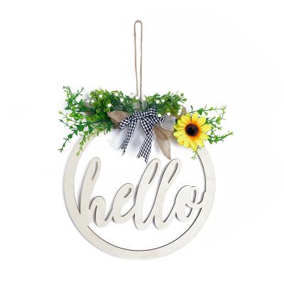 China Wicker 2021 Home Decoration Door Pendant With Hollowed-out Light Wood Wreath Welcome Christmas Card Easter Decoration for sale