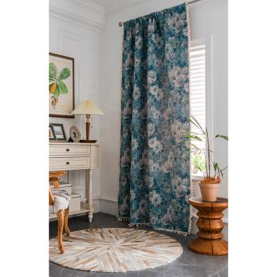 China Modern Retro Jacquard Curtain Blue Chrysanthemum Tassel Semi Blackout Curtain Factory Outlet for sale