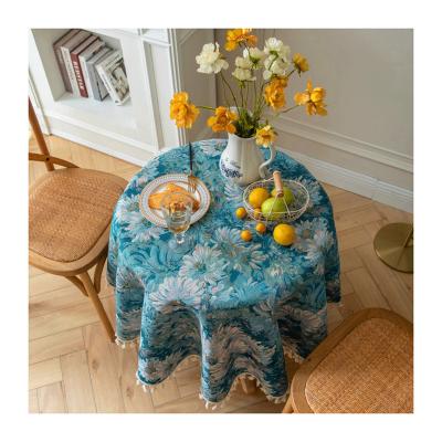 China Jacquard Custom Blue Retro Embroidered Party Round Home Kitchen Hotel Tablecloth Luxury Jacquard Polyester Table Setting Table Cover for sale