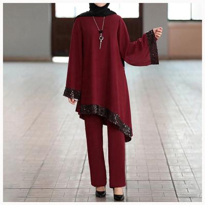 China 2021 New Polyester Islamic Clothing Muslim Eid Dresses Women Long Sleeve Tunic Pants Dubai Abaya 2 Piece Suit for sale