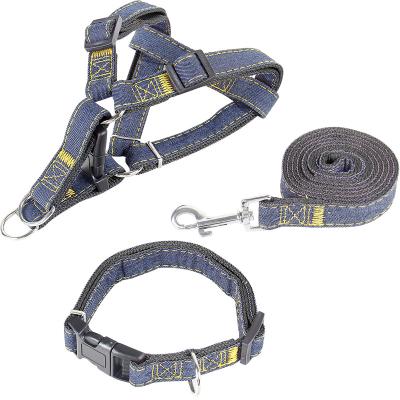 China 3PCS Stocked Durable Nylon Denim Fabric Strap Matching Adjustable Dog Collar And Leash Set Pet for sale