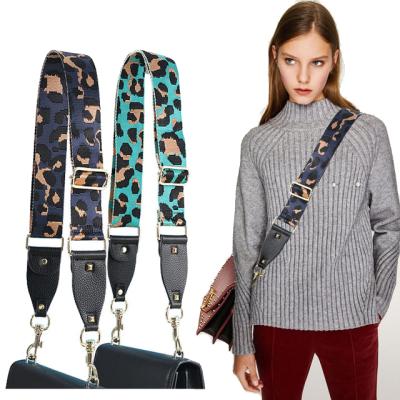 China Durable 5cm Long Webbing Laptop Bag Accessories Belt Canvas Bag Shoulder Bag Leopard Woven Strap With Leather Ends for sale