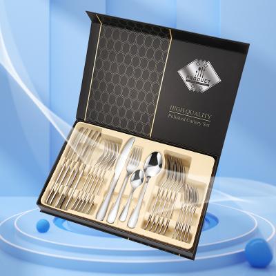 China Stocked 24pcs 410 Stainless Steel Flatware Sets With Gift Box 6 Fork Knife And Spoon Set Cutlery for sale