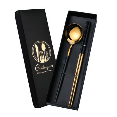 China Stocked Wholesale Pvd Gold Plated Black Box 2PCS Korean Spoon Chopsticks Cutlery Set 410 Stainless Steel for sale