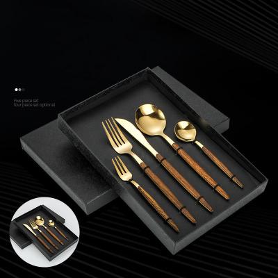 China Wholesale Wooden Fork 4PCS Gold Spoon Design Handle Stocked Spoon Steel Cutlery Set Stainless for sale