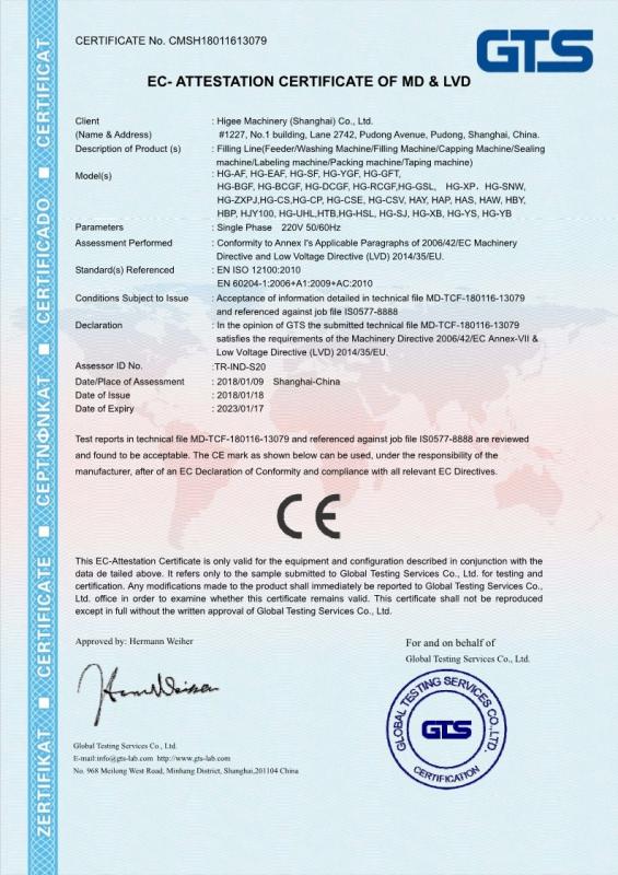 CE Certificate - Higee Machinery (Shanghai) Co.,Ltd