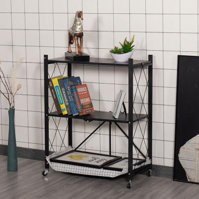 China Modern Three-Layer Mutil Metal Store Home Storage Folding Shelf Rack With Wheels for sale