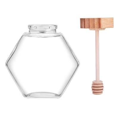 China 8 Ounce Honey Pot Glass Jar Shape with Wooden Dipper and Hexagon Cork Lid Cover for Home Kitchen for sale