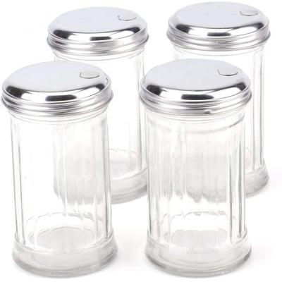 China 4 Pack Stainless Steel Flip Lid Glass Sugar Dispenser Viable Salt Pepper Shaker for sale