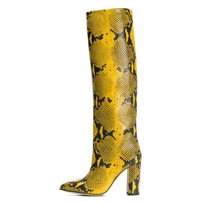 China Yellow Pink Snake Print Print PU Led Chunky High Heel Knee-Length Boots For New Winter Plus Size for sale