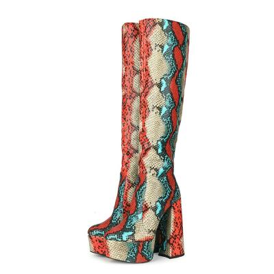 China Large Size Round Platform Waterproof Snakeskin Heel Women Girls Chunky Knee High Boots for sale