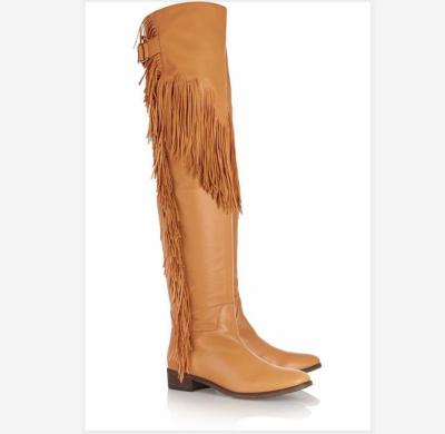 China Round Customize Big Size Winter Fur Knee High Ladies Flat Knee High Platform Fringe Boots for sale